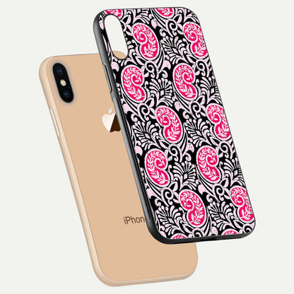 Crimson Paisley Charm Glass Case for iPhone Xs floating mockup showing gloss shine and texture clarity