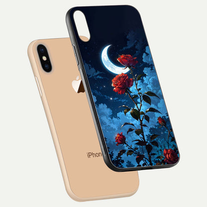 Crimson Rose Moon Glass Case for iPhone Xs floating mockup showing HD shine and elegant contrast