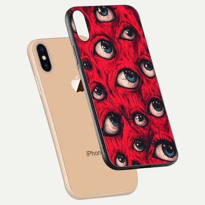 Crimson Watch Eyes Glass Case for iPhone Xs floating mockup showing HD polish and bright gloss