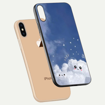 Cute Blossom Cloud Glass Case for iPhone Xs floating mockup showing HD shine and soft gradient finish