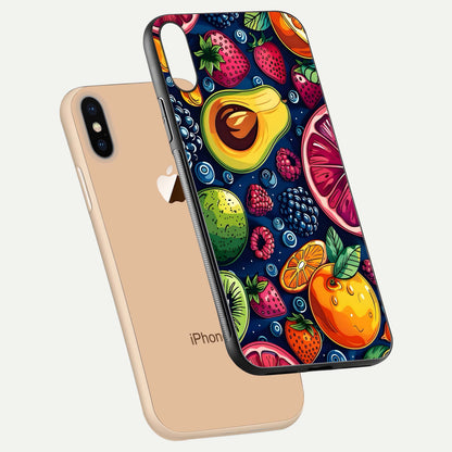 Cute Fruits Art Glass Case for iPhone Xs floating mockup showing gloss brightness and vivid artwork