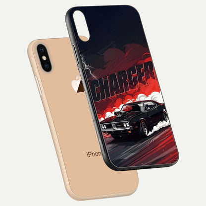 Dark Charger Fury Glass Case for iPhone Xs floating mockup showing reflection depth and shiny surface