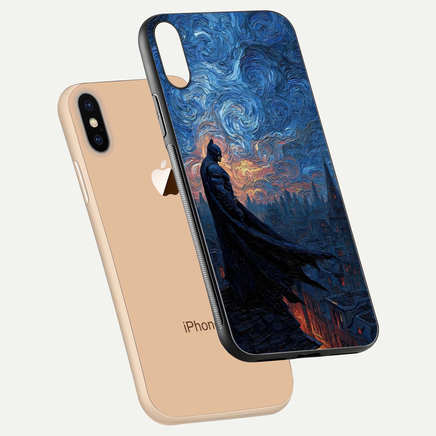 Dark Knight Dusk Glass Case for iPhone Xs floating mockup showing glossy depth and cinematic lighting