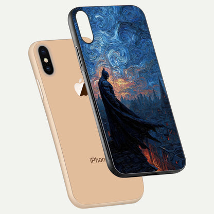 Dark Knight Dusk Glass Case for iPhone Xs floating mockup showing glossy depth and cinematic lighting