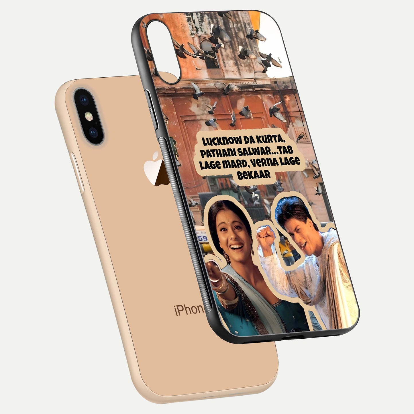 Desi Retro Vibes Glass Case for iPhone Xs floating mockup showing shine polish and vivid tones
