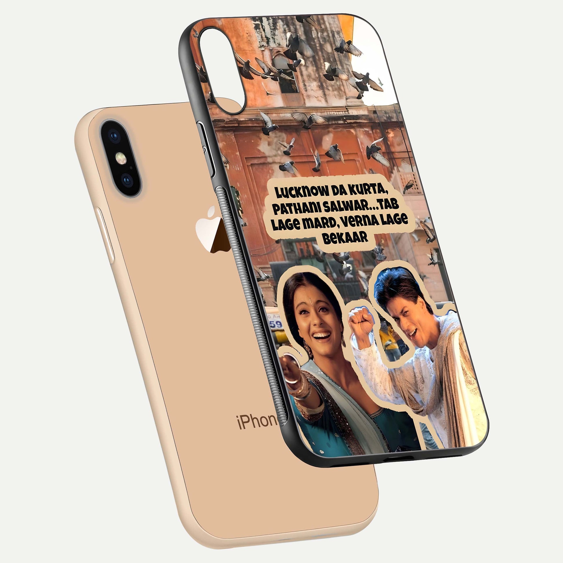 Desi Retro Vibes Glass Case for iPhone Xs floating mockup showing shine polish and vivid tones