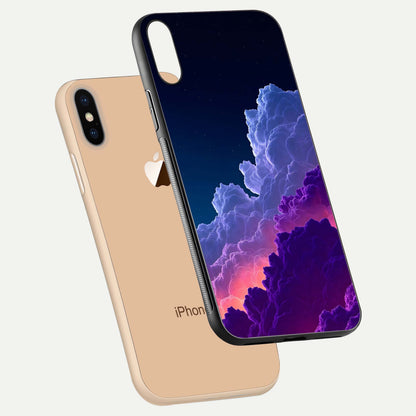 Dreamy Cloud Skies Glass Case for iPhone Xs floating mockup showing glossy depth and delicate tone