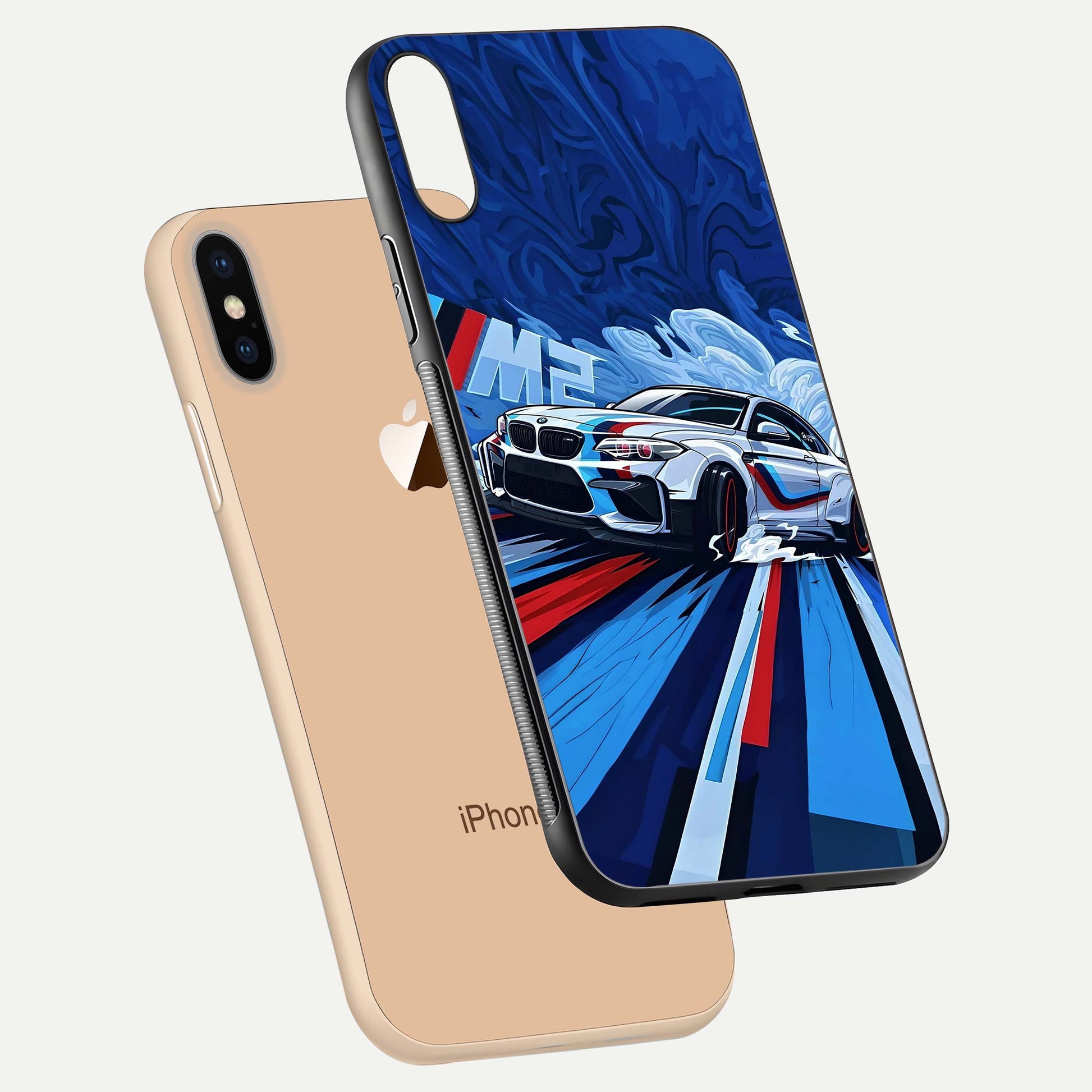 Drift Power Rush Glass Case for iPhone Xs floating mockup showing gloss polish and speed-theme design
