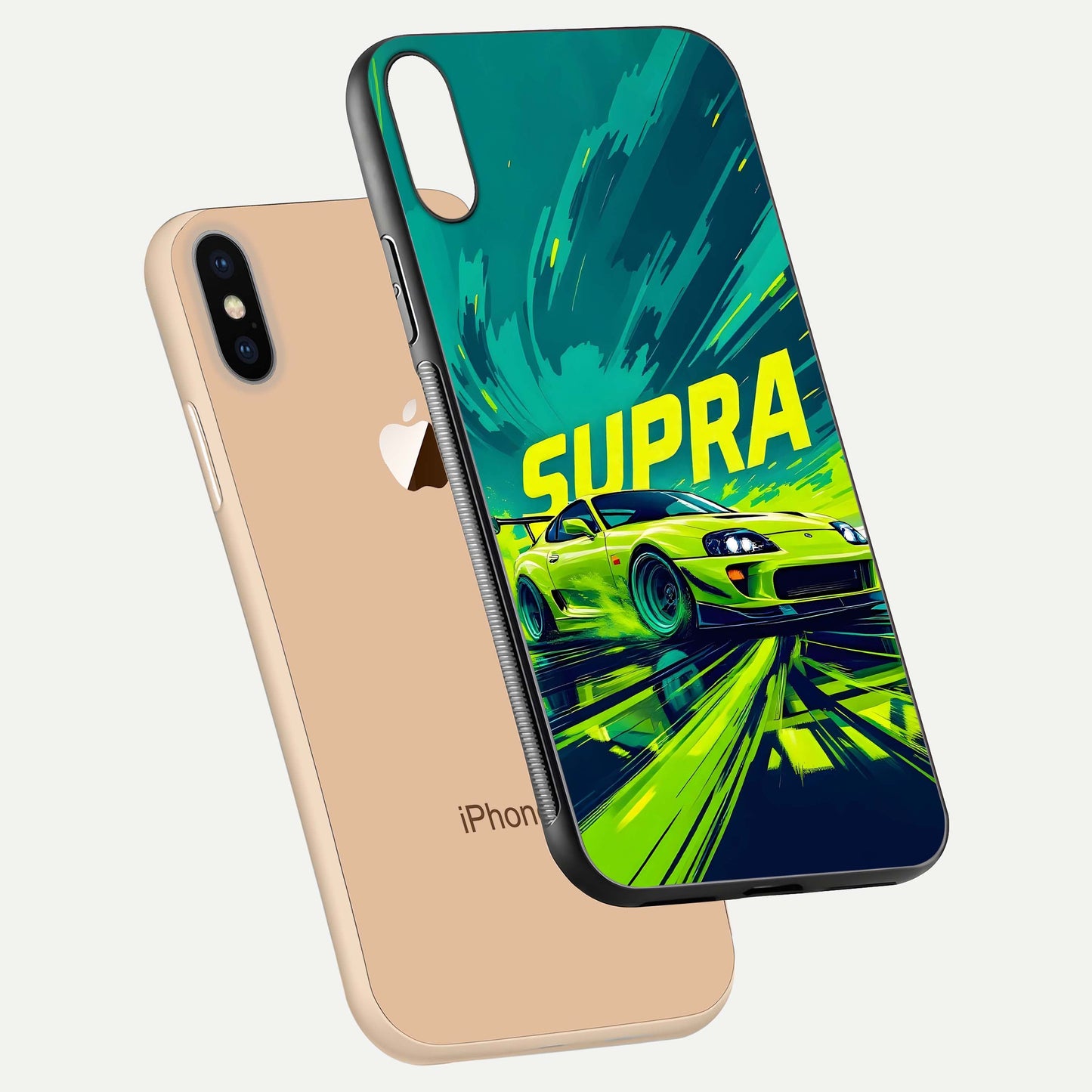 Electric Supra Thunder Glass Case for iPhone Xs floating mockup showing gloss depth and energy glow