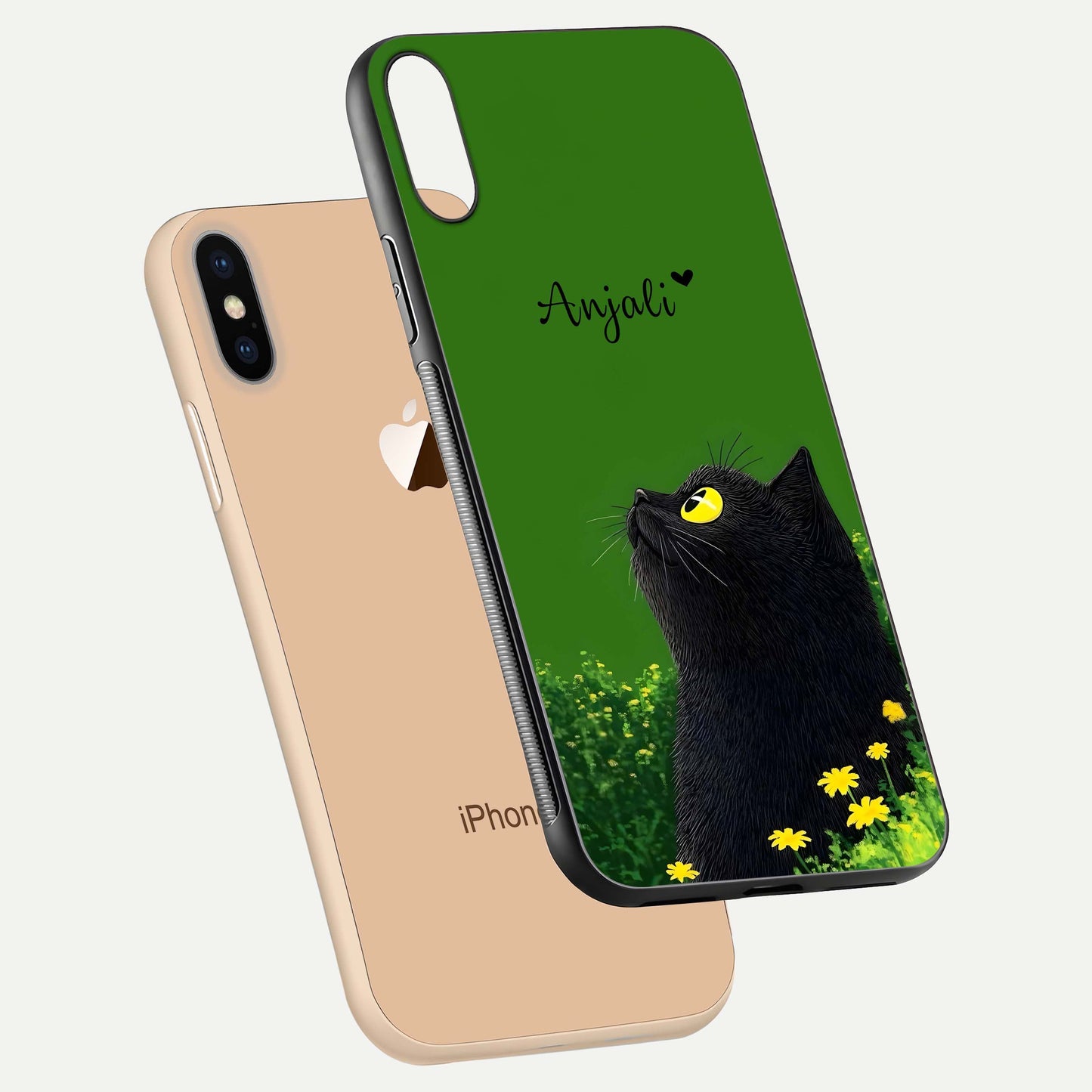 Emerald Cat Custom Name Glass Case for iPhone Xs floating mockup showing HD gloss and soft gradient
