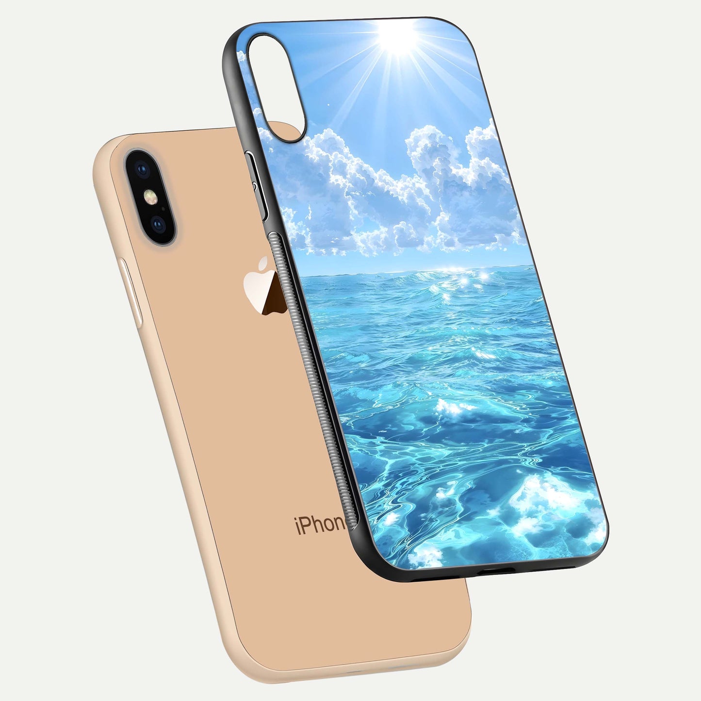 Endless Ocean Horizon Glass Case for iPhone Xs floating mockup showing HD gloss and tranquil color