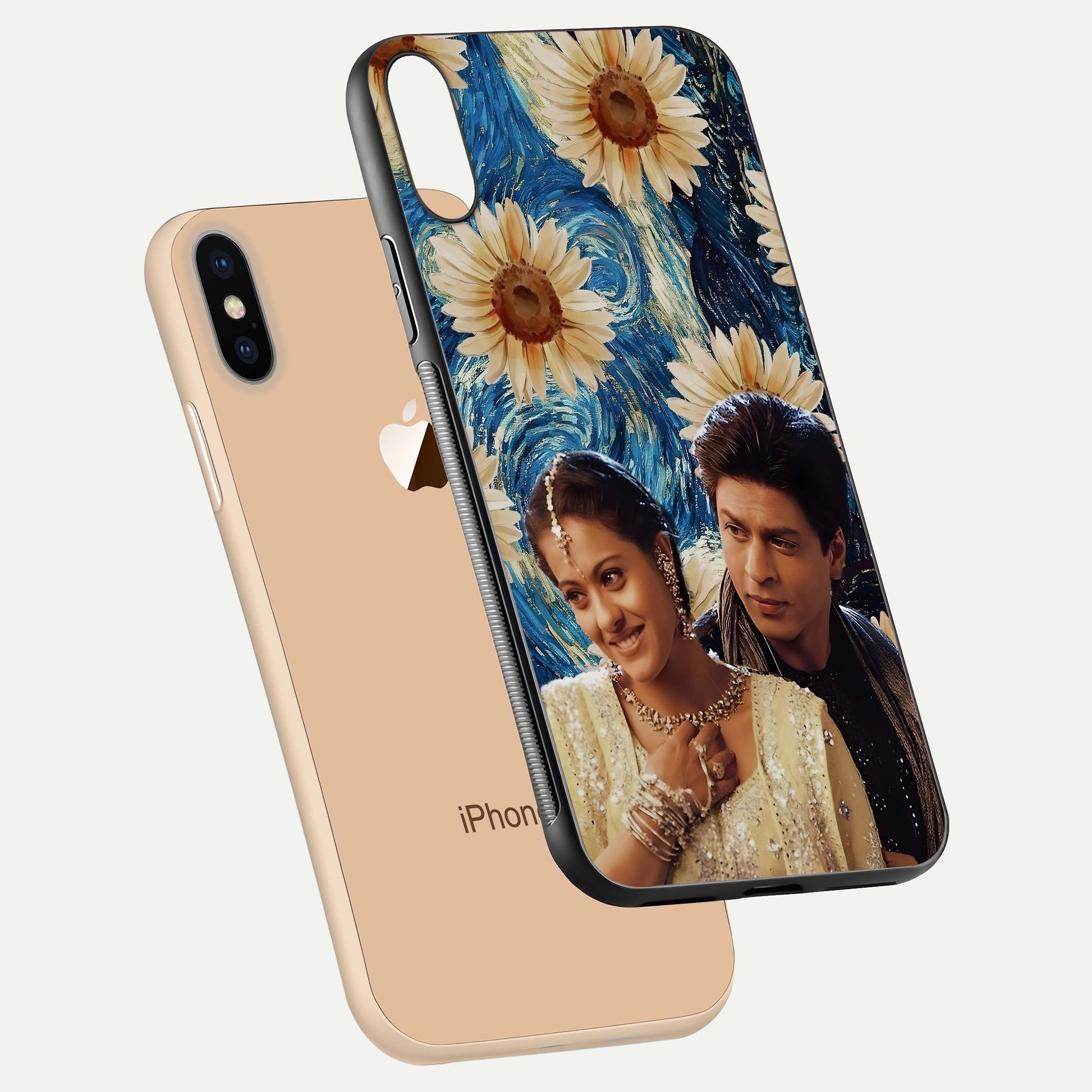 Eternal Love Story Glass Case for iPhone Xs floating mockup showing glossy shine and romantic tone