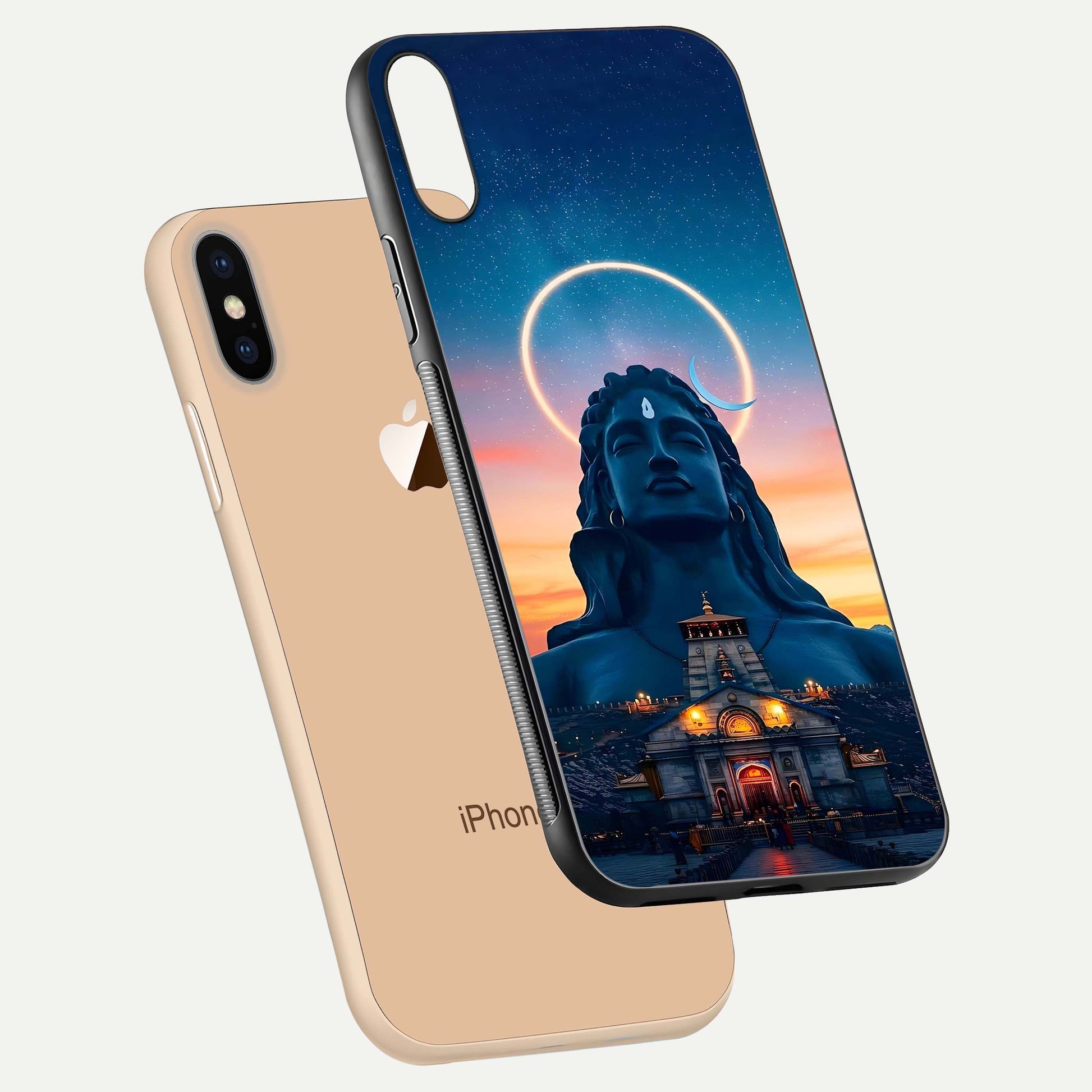 Eternal Shiva Aura Glass Case for iPhone Xs floating mockup showing gloss texture and spiritual glow
