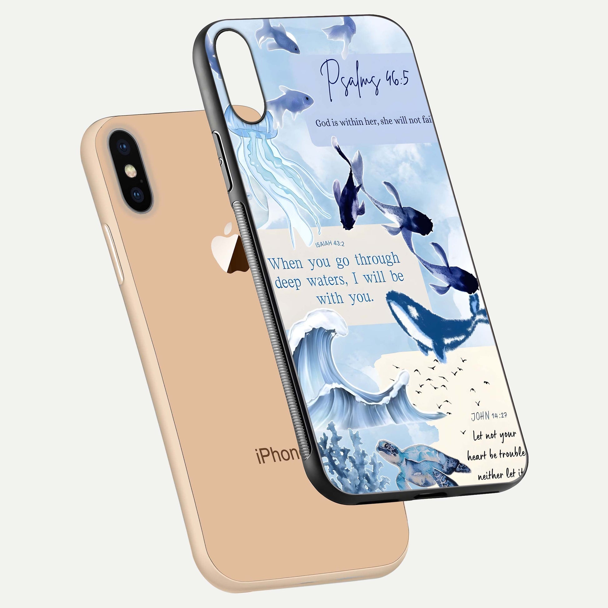 Faithful Ocean Promise Glass Case for iPhone Xs floating mockup displaying glossy surface and vivid depth