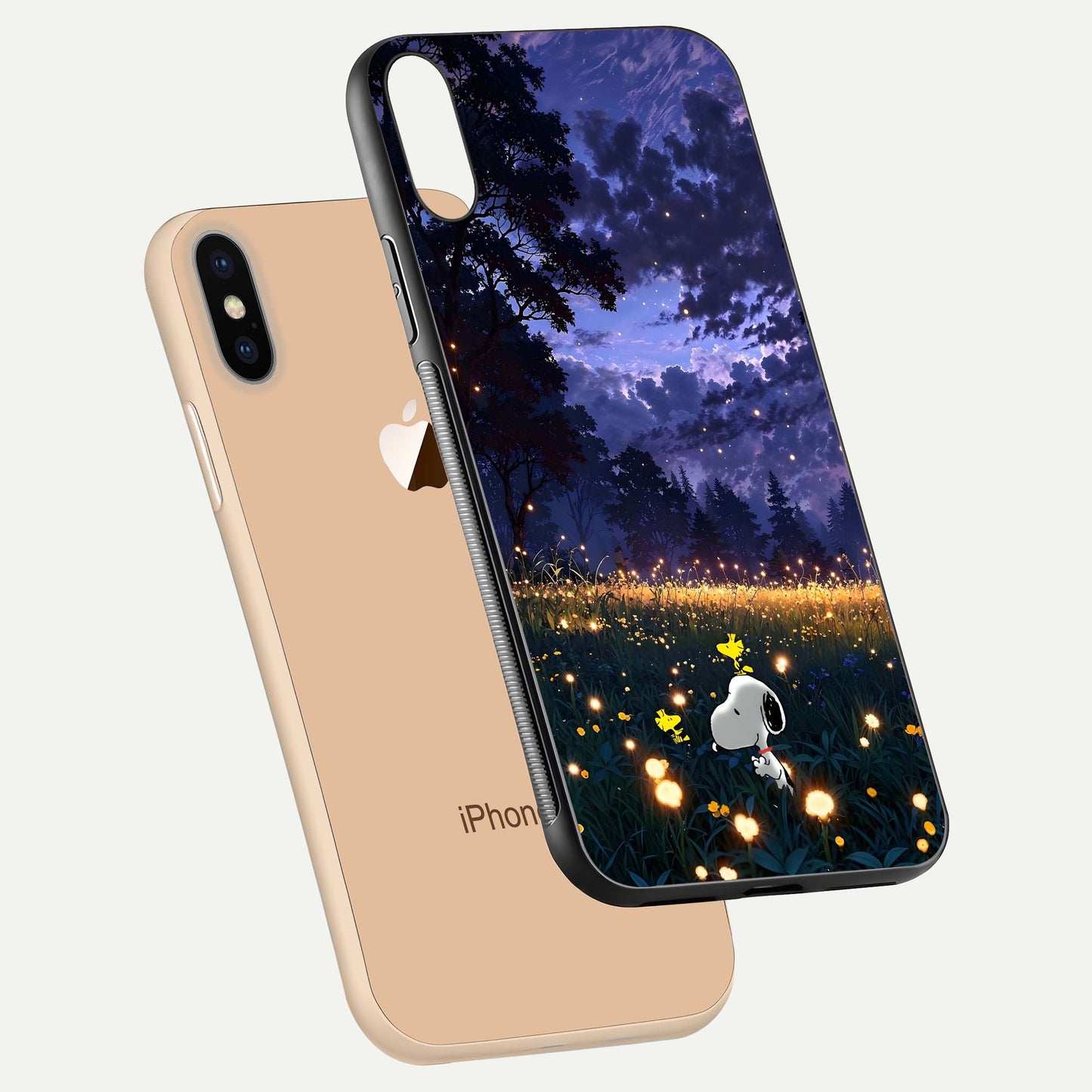 Firefly Meadow Magic Glass Case for iPhone Xs floating mockup showing gloss polish and magical night hues