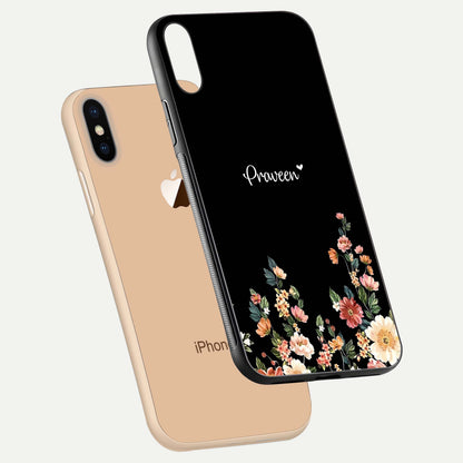 Floral Design Personalized Custom Name Glass Case for iPhone Xs floating mockup showing reflection polish and vivid colors
