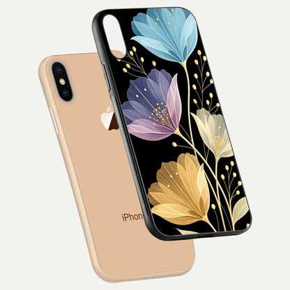 Flower Bloom Glow Glass Case for iPhone Xs floating mockup showing HD shine and artistic detail