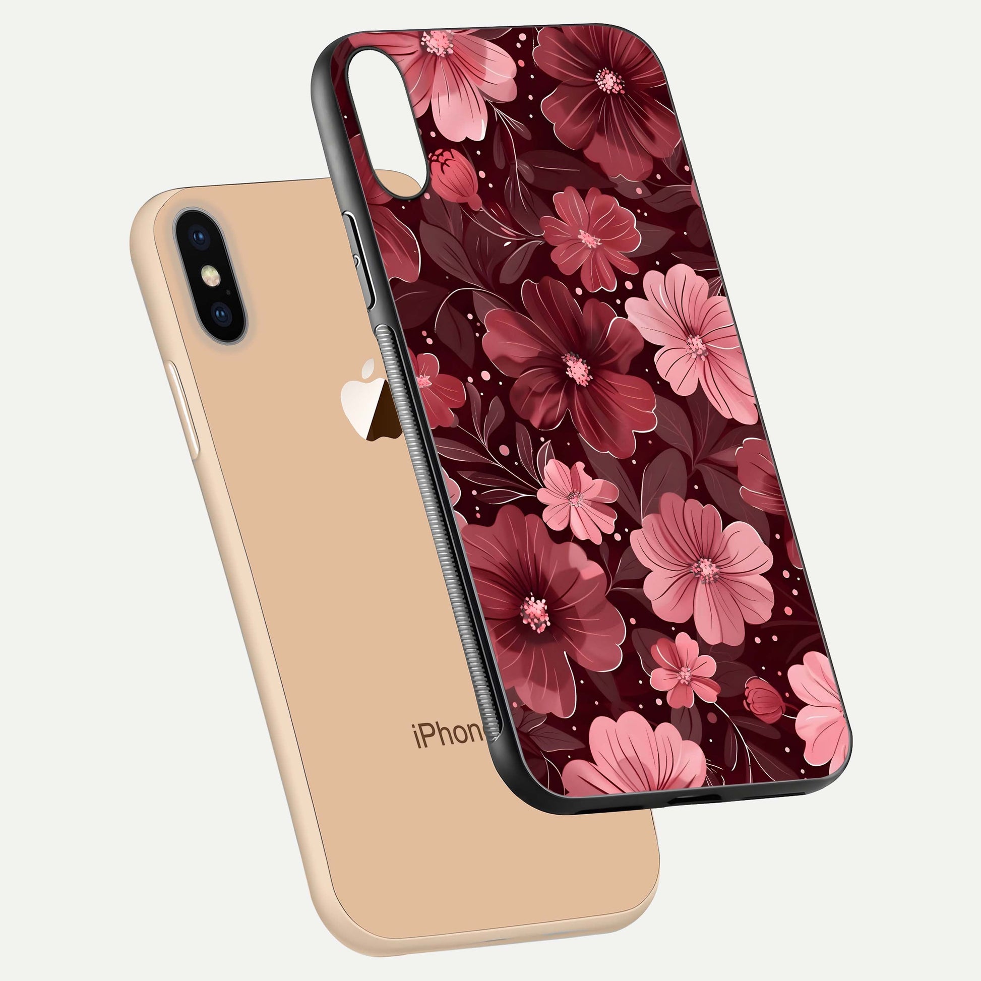 Flower Blush Bloom Glass Case for iPhone Xs floating mockup showing shine polish and elegant look