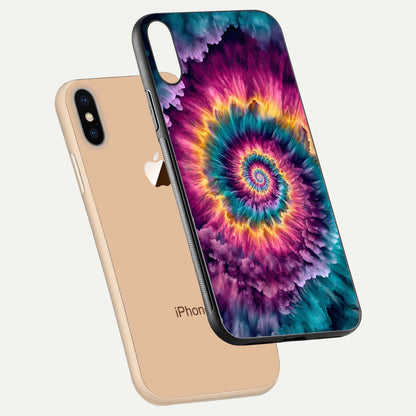 Galactic Spiral Burst Glass Case for iPhone Xs floating dual-view mockup displaying light trails and smooth gloss shine