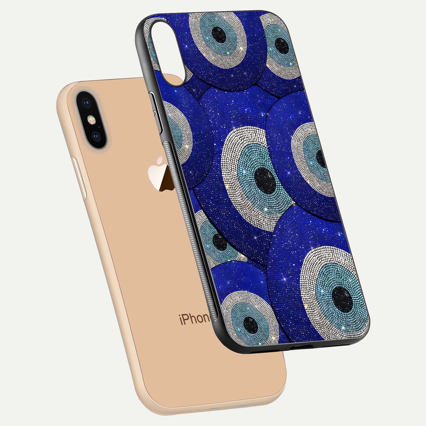 Galaxy Eye Flow Glass Case for iPhone Xs floating dual-view mockup showing gloss polish and glowing tones