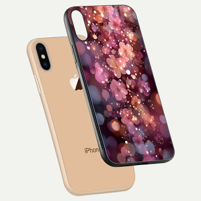 Glowing Petal Bliss Glass Case for iPhone Xs floating dual-view mockup showing gloss brightness and delicate tone