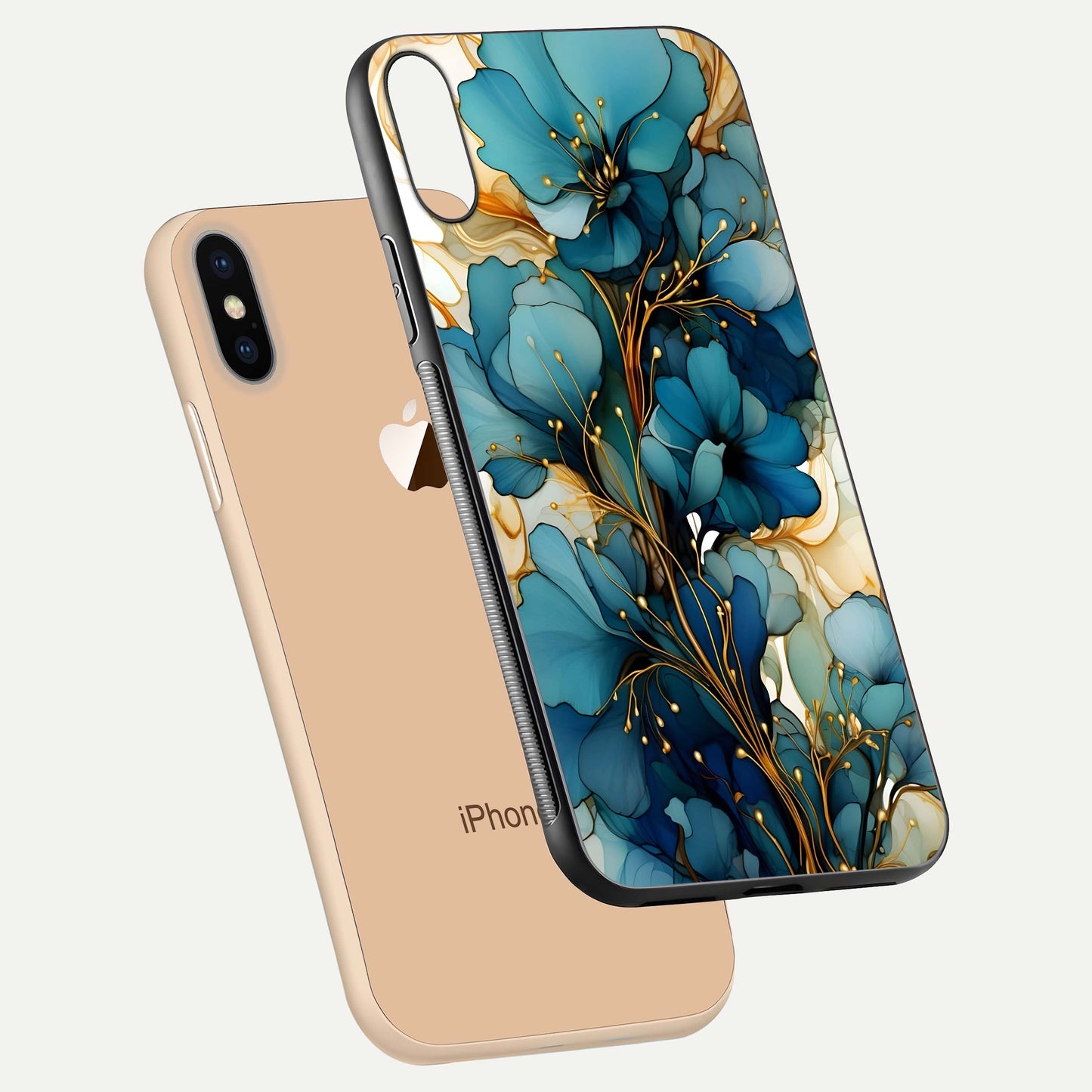 Golden Bloom Symphony Glass Case for iPhone Xs floating dual-view mockup displaying shine texture and luxury pattern