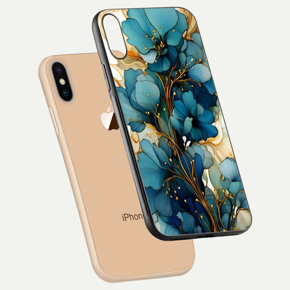 Golden Bloom Symphony Glass Case for iPhone Xs floating dual-view mockup displaying shine texture and luxury pattern