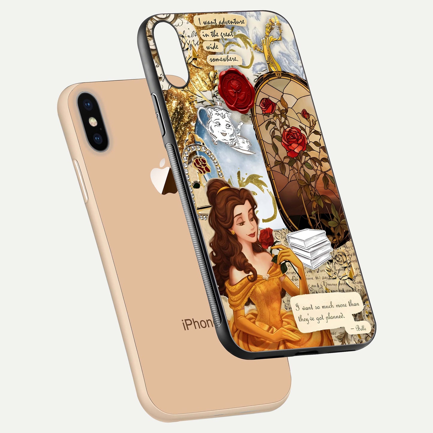 Golden Dream Belle Glass Case for iPhone Xs floating dual-view mockup highlighting gloss texture and elegant shimmer