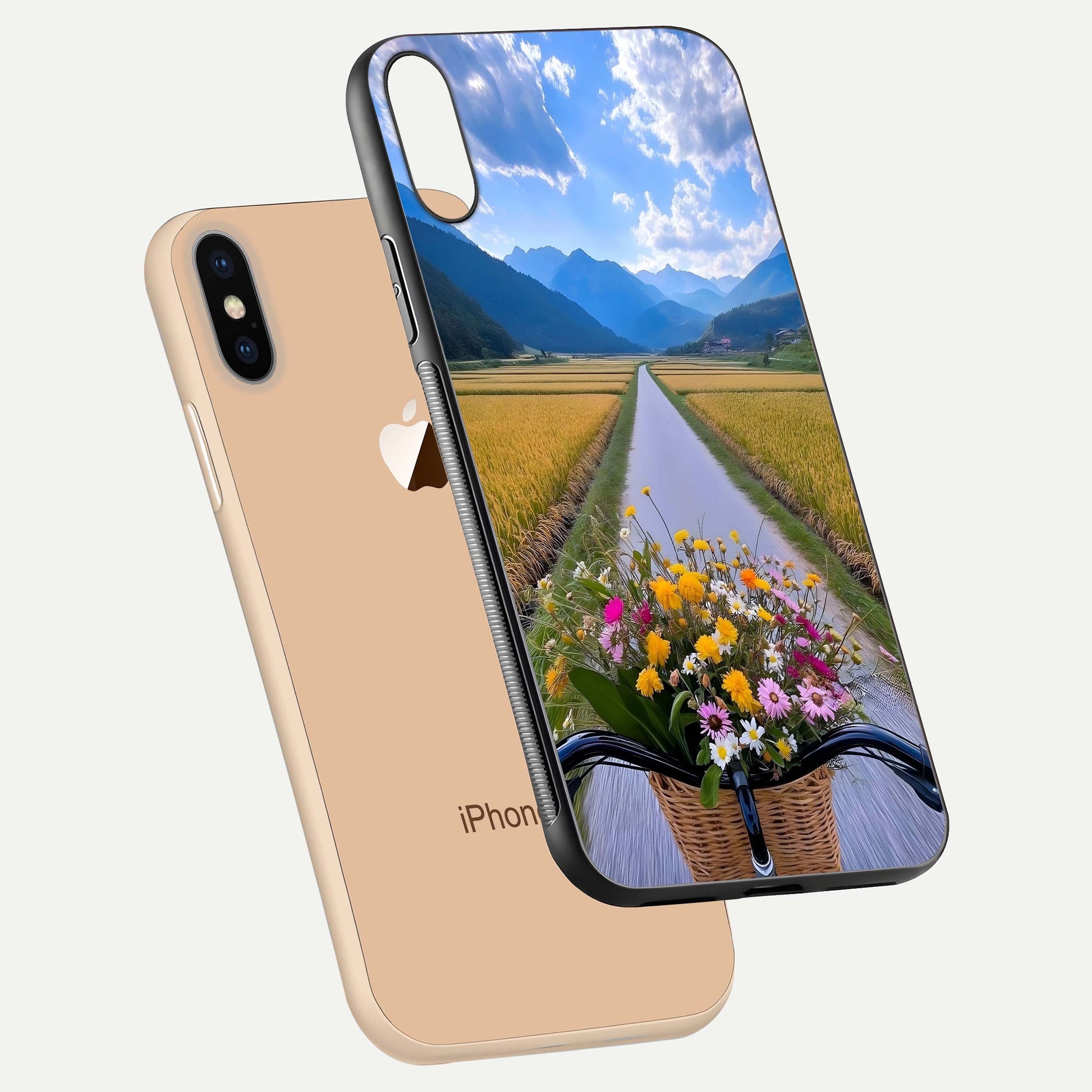 Golden Field Journey Glass Case for iPhone Xs floating dual-view mockup showing gloss surface and field depth
