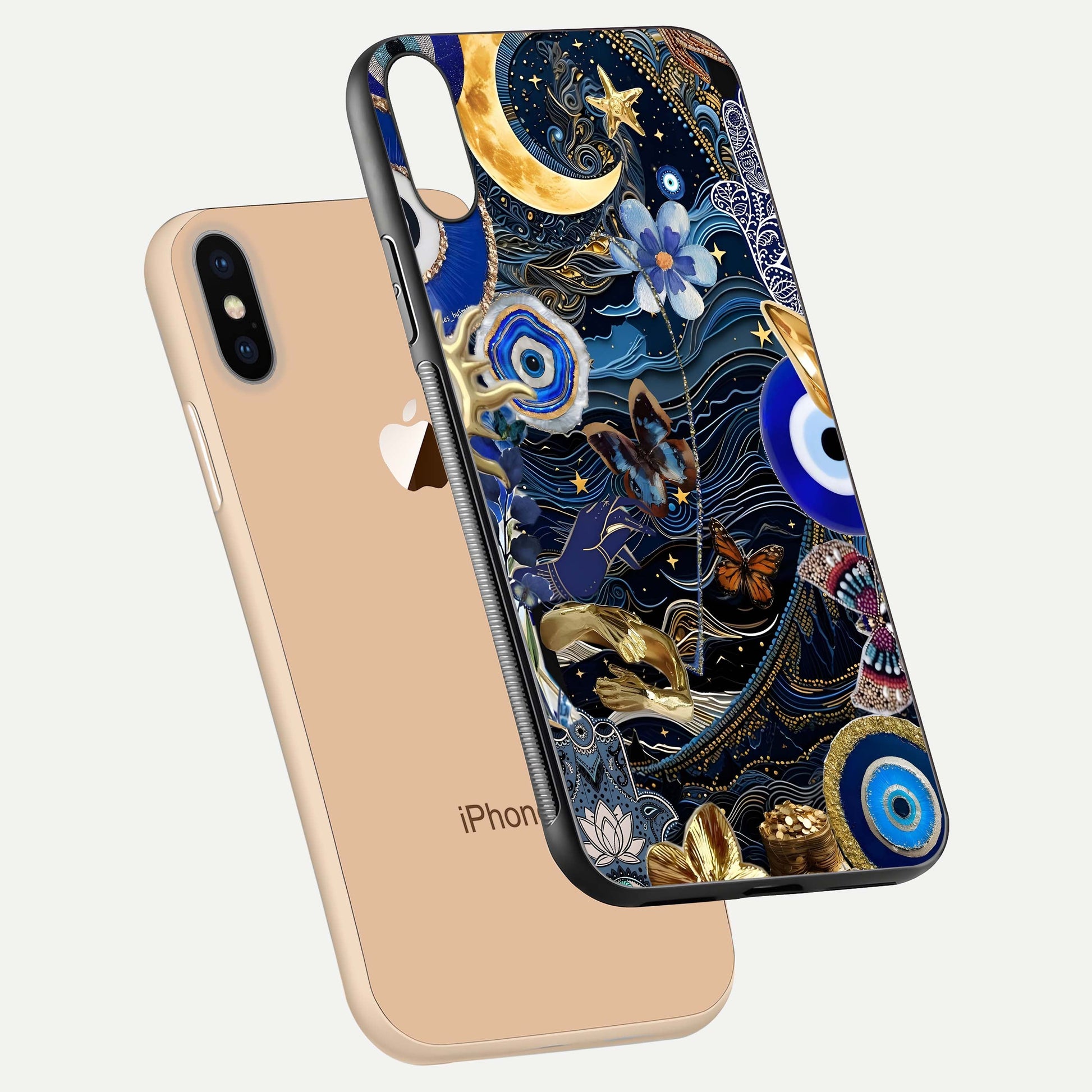 Golden Moon Magic Glass Case for iPhone Xs floating dual-view mockup showing gloss texture and golden illumination
