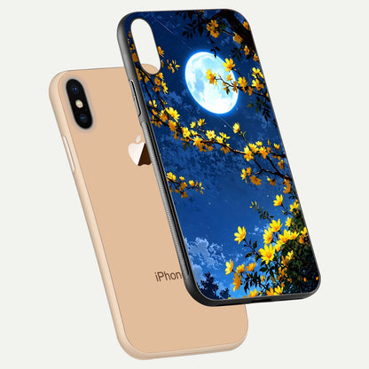 Golden Night Glow Glass Case for iPhone Xs floating dual-view mockup showing gloss polish and luxury shine