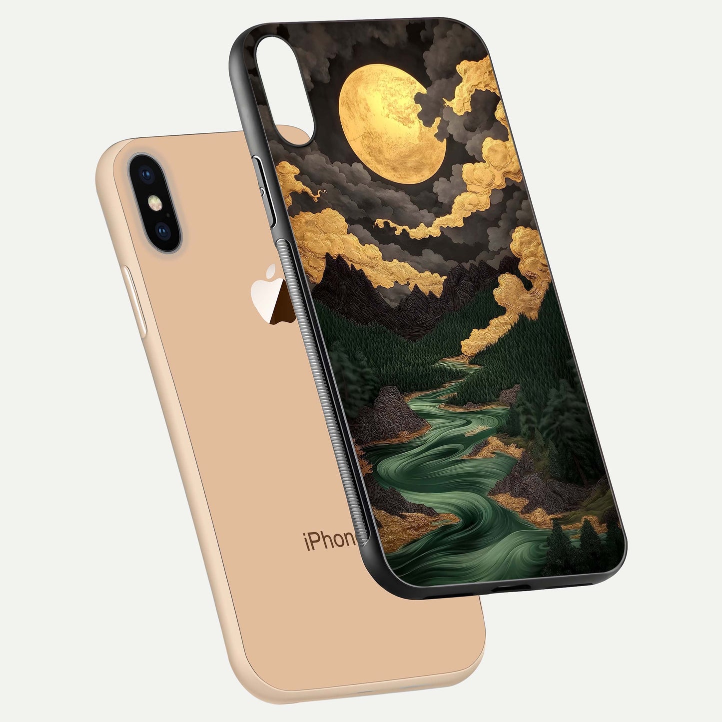 Golden River Moon Glass Case for iPhone Xs floating dual-view mockup showing gloss surface and luxury tone