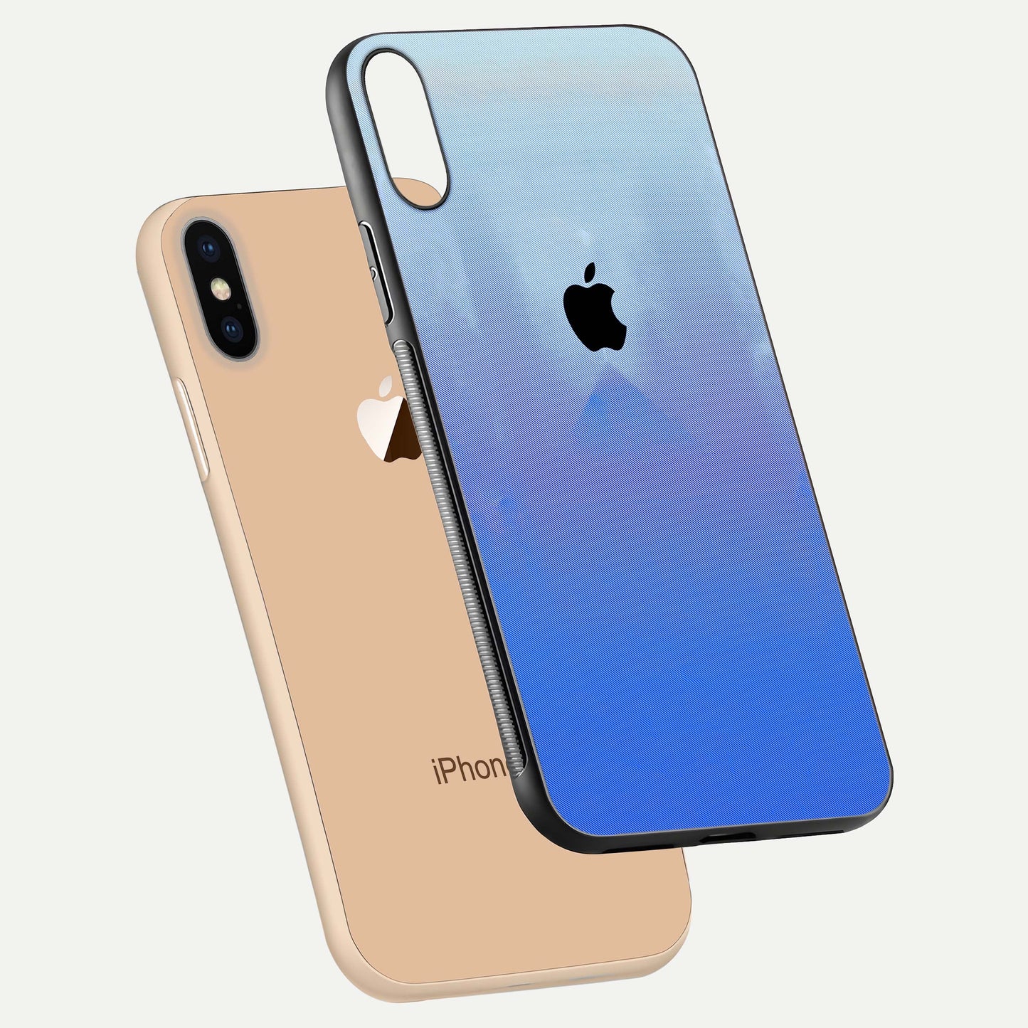 Gradient Apple Vibe Glass Case for iPhone Xs floating dual-view mockup showing gloss polish and gradient blend