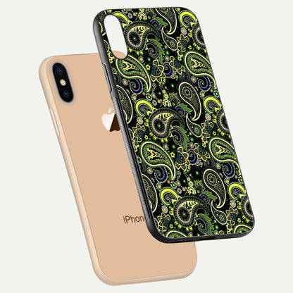 Green Mandala Pattern Glass Case for iPhone Xs floating dual-view mockup showing gloss texture and symmetry shine