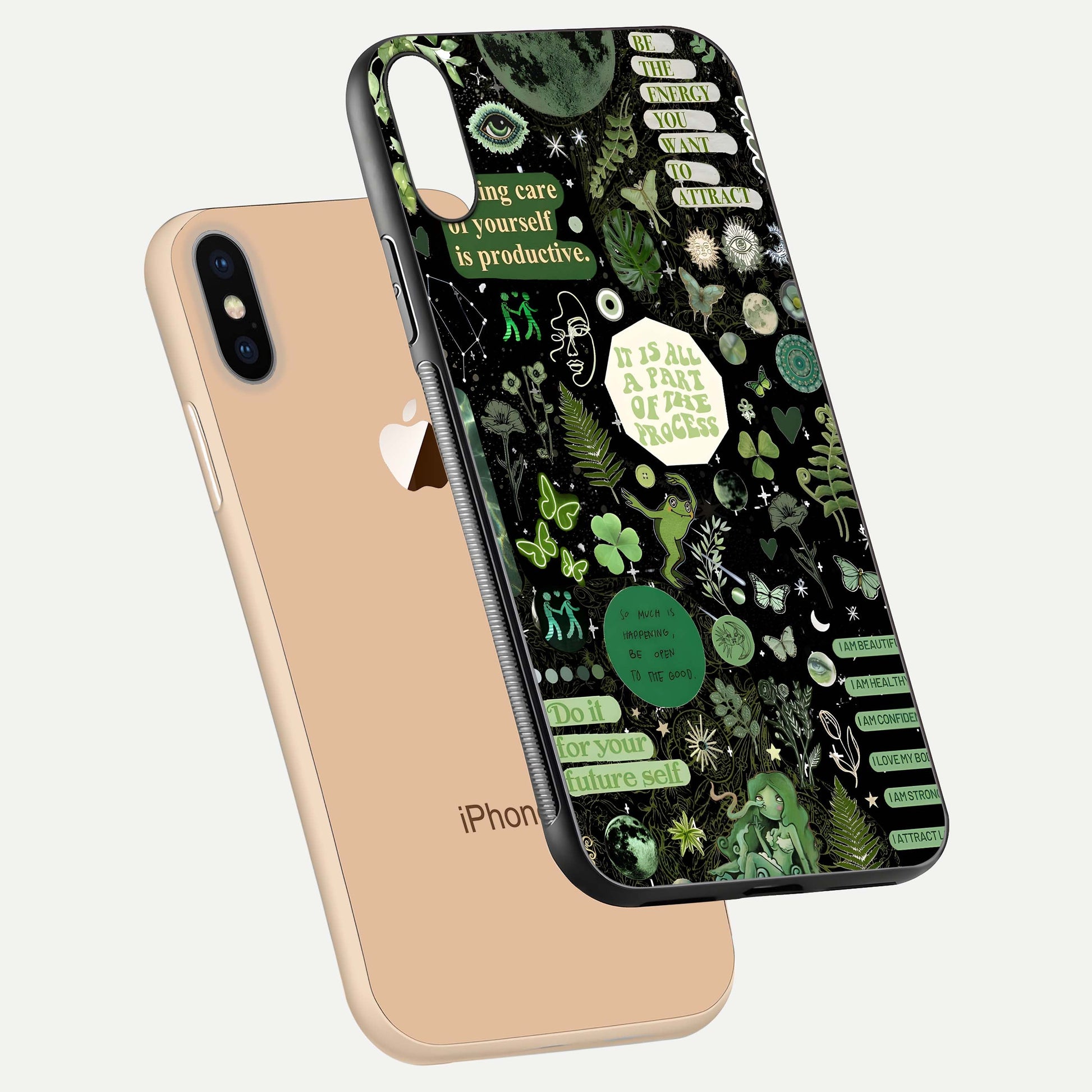 Green Moon Energy Glass Case for iPhone Xs floating dual-view mockup showing glossy texture and energy aura