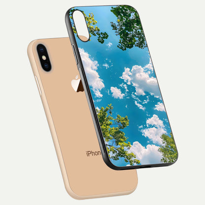 Greenery Sky Glass Case for iPhone Xs floating dual-view mockup showing glossy shine and soft natural tones