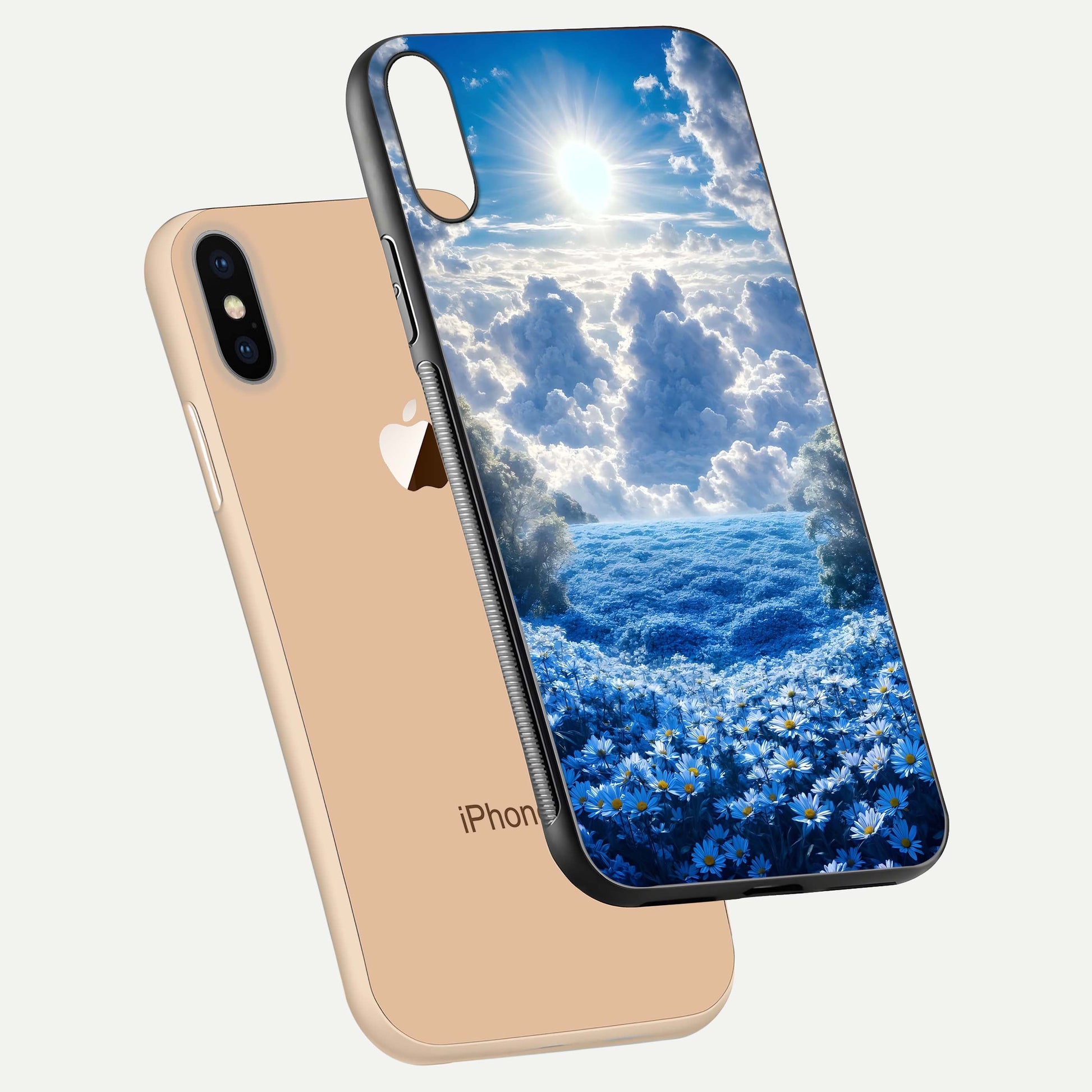 Heavenly Daisy Horizon Glass Case for iPhone Xs floating dual-view mockup showing gloss polish and soft pastel background