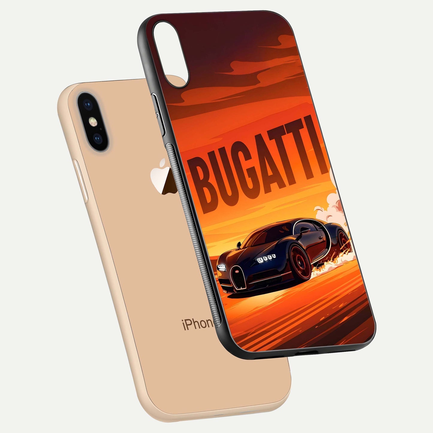 Inferno Bugatti Storm Glass Case for iPhone Xs floating dual-view mockup showing gloss surface and racing energy