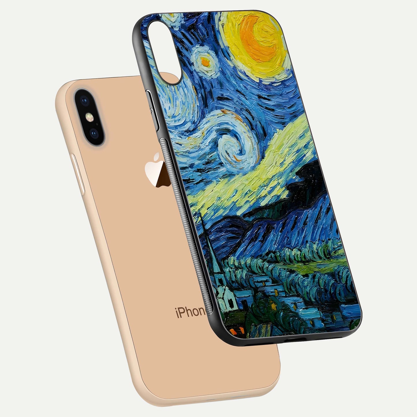 Inspired Van Gogh Art Glass Case for iPhone Xs floating dual-view mockup showing gloss depth and artistic reflection