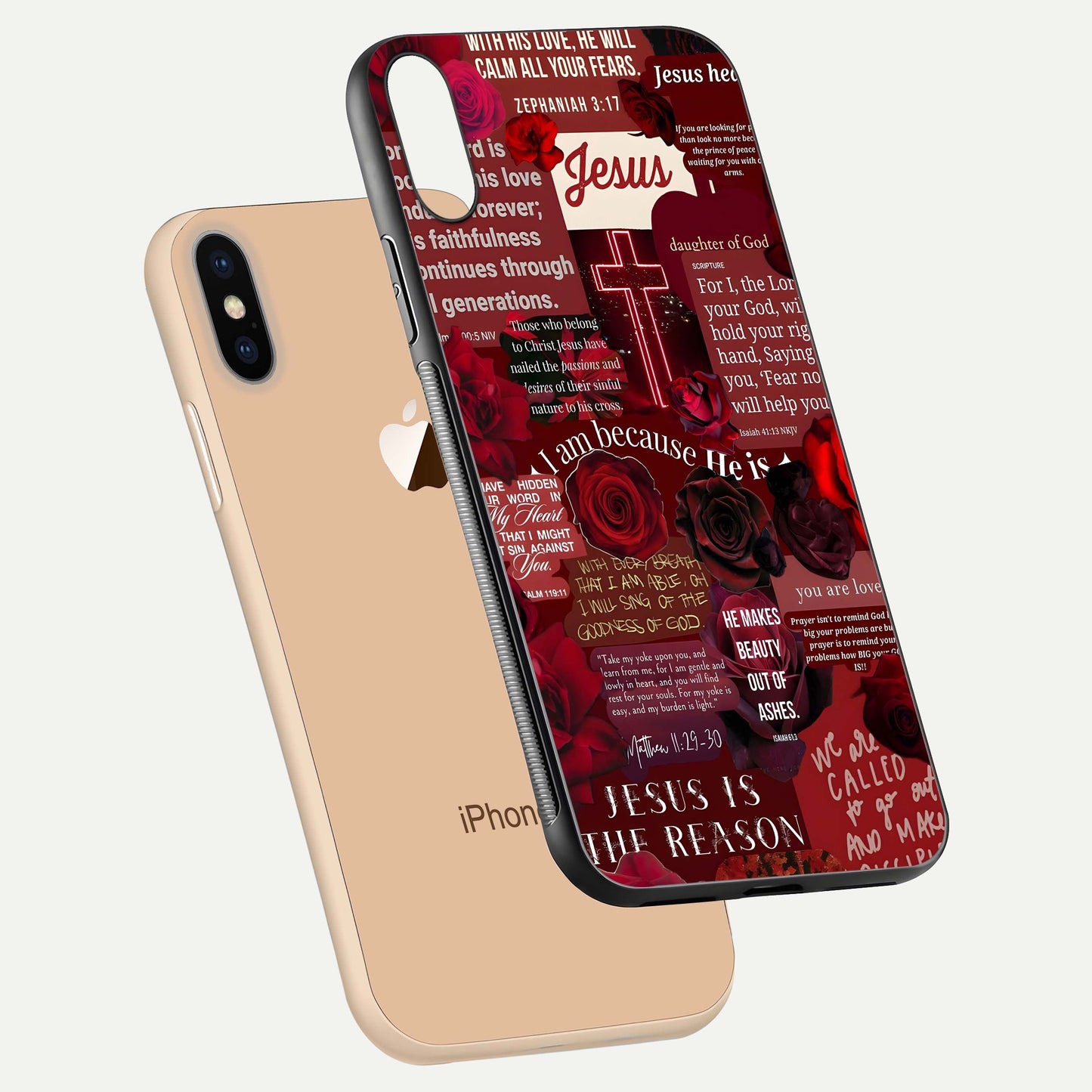 Jesus Love Heals Glass Case for iPhone Xs floating dual-view mockup showing glossy shine and faith-inspired art