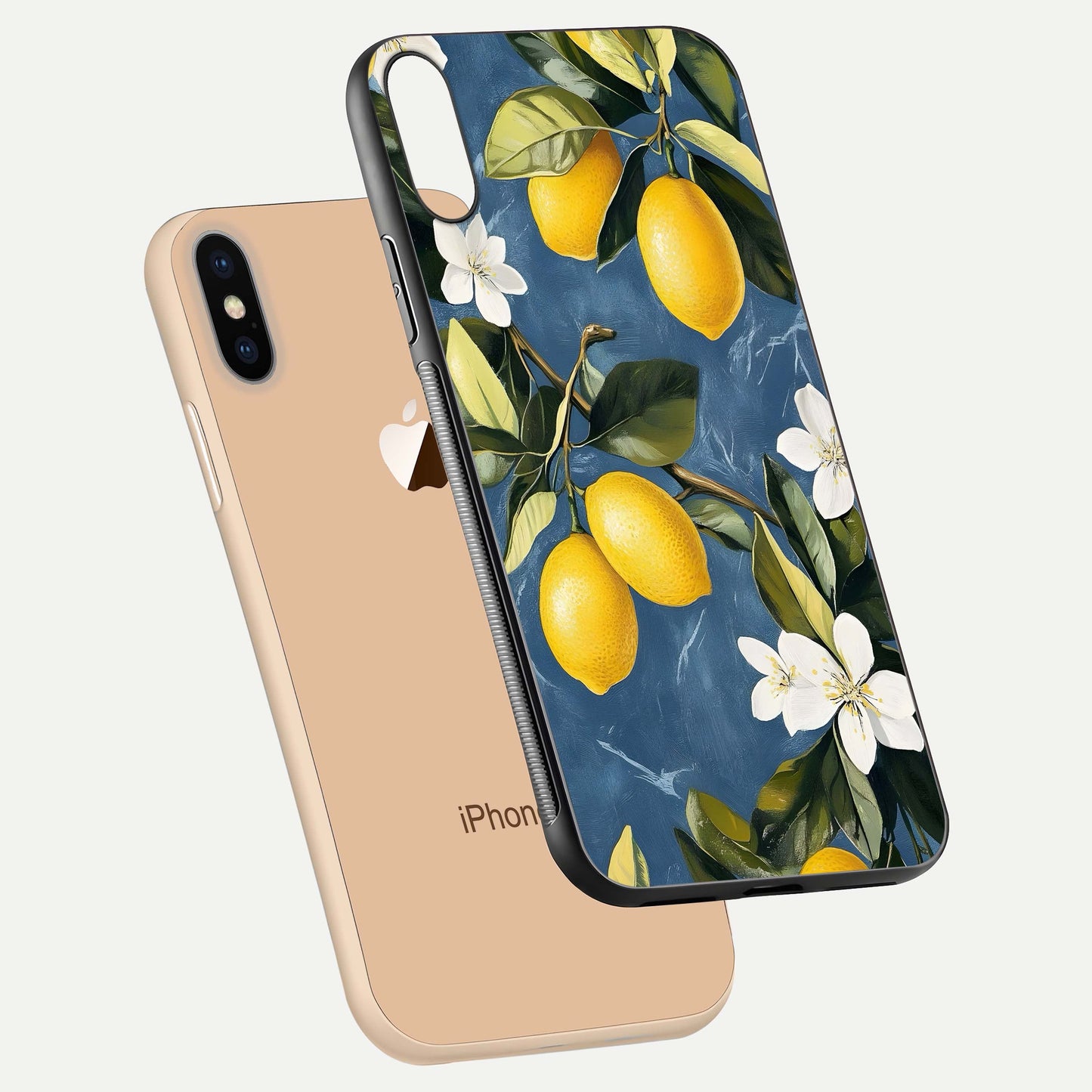Lemon Dream Garden Glass Case for iPhone Xs floating dual-view mockup showing gloss brightness and vivid yellow print