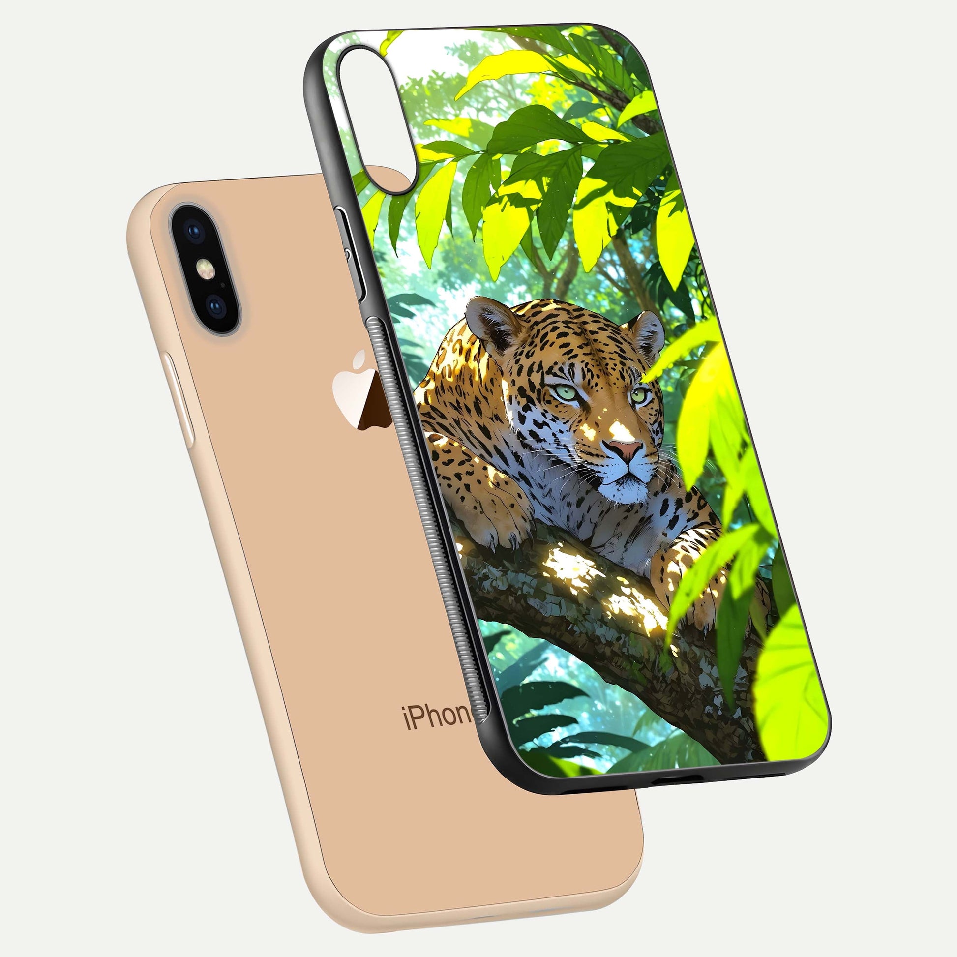 Leopard in Jungle Glass Case for iPhone Xs floating dual-view mockup showing gloss finish and HD wild pattern