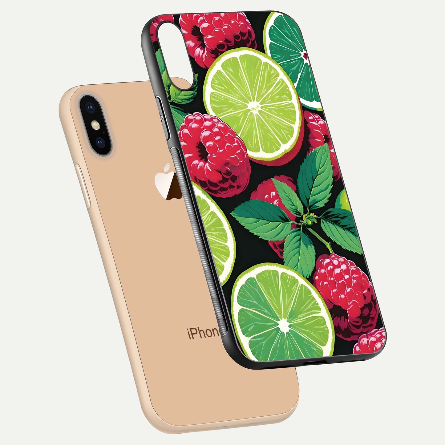 Lime and Raspberry Pattern Glass Case for iPhone Xs floating dual-view showing HD gloss and vivid print