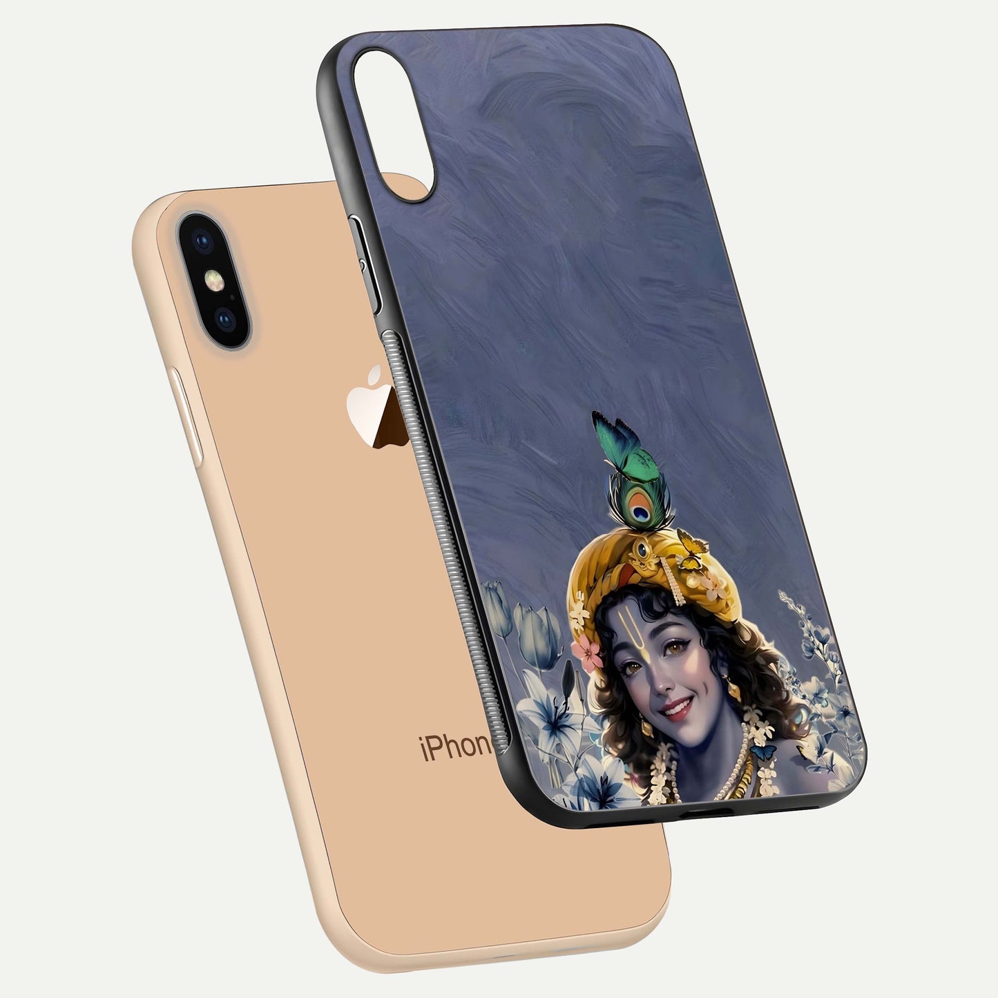 Lord Krishna Glass Case for iPhone Xs floating dual-view showing glossy shine and divine artistic pattern