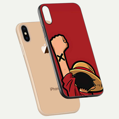 Luffy X Spirit Glass Case for iPhone Xs floating dual-view mockup showing gloss polish and vibrant color depth