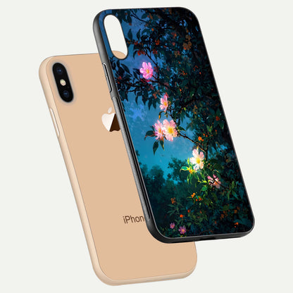 Midnight Bloom Glow Glass Case for iPhone Xs floating dual-view mockup showing HD gloss and floral contrast