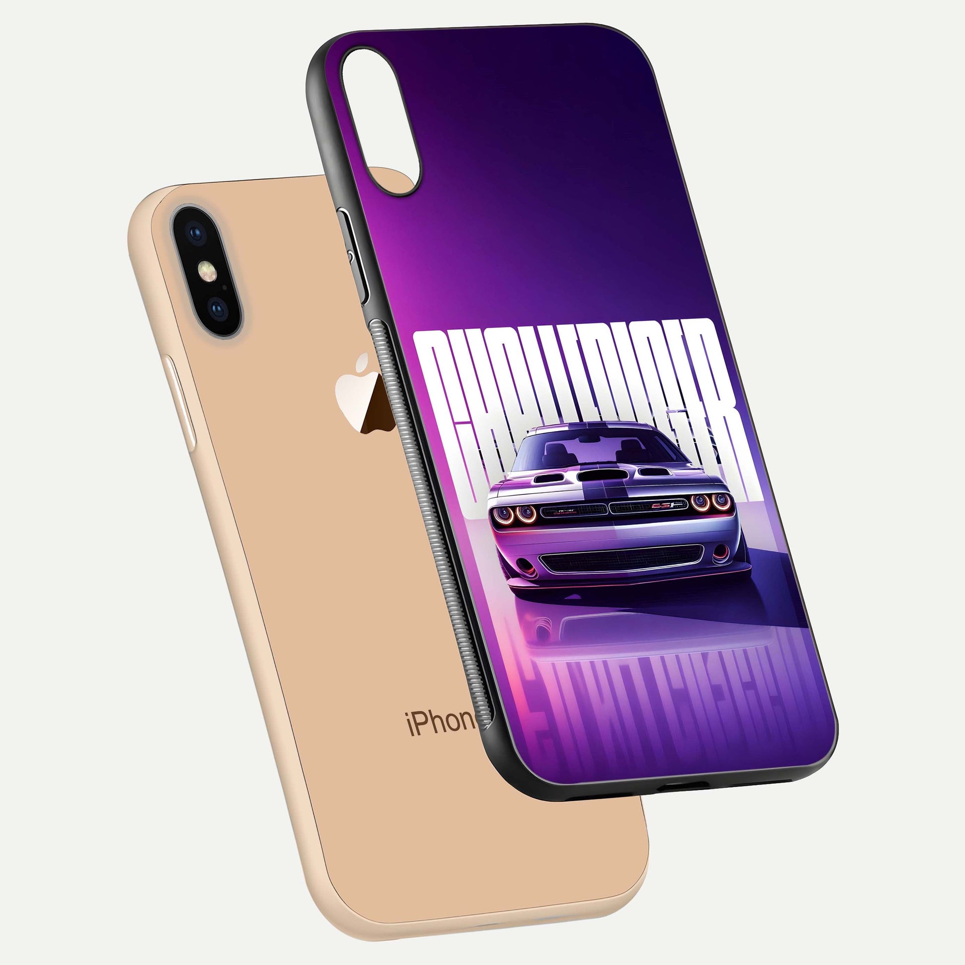 Midnight Muscle Ride Glass Case for iPhone Xs floating dual-view mockup showing glossy finish and shine depth