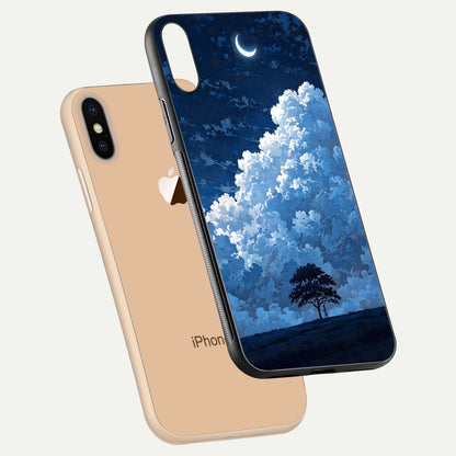 Midnight Sky Serenity Glass Case for iPhone Xs floating dual-view mockup showing HD gloss and night shine