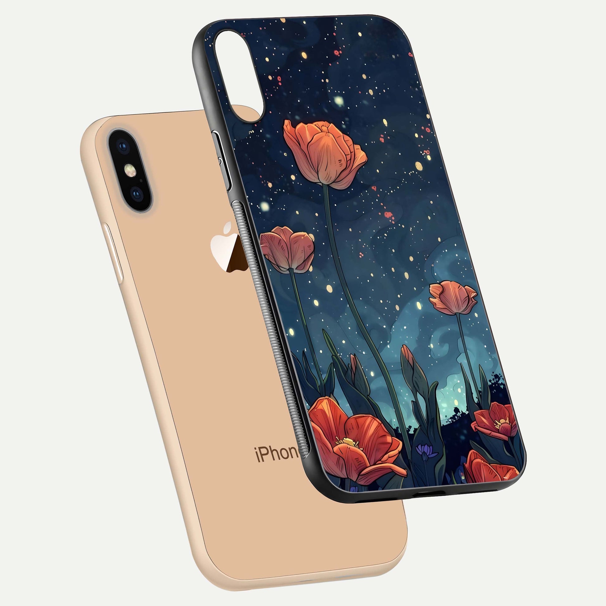 Midnight Tulip Glow Glass Case for iPhone Xs floating dual-view mockup showing HD gloss and tulip tone