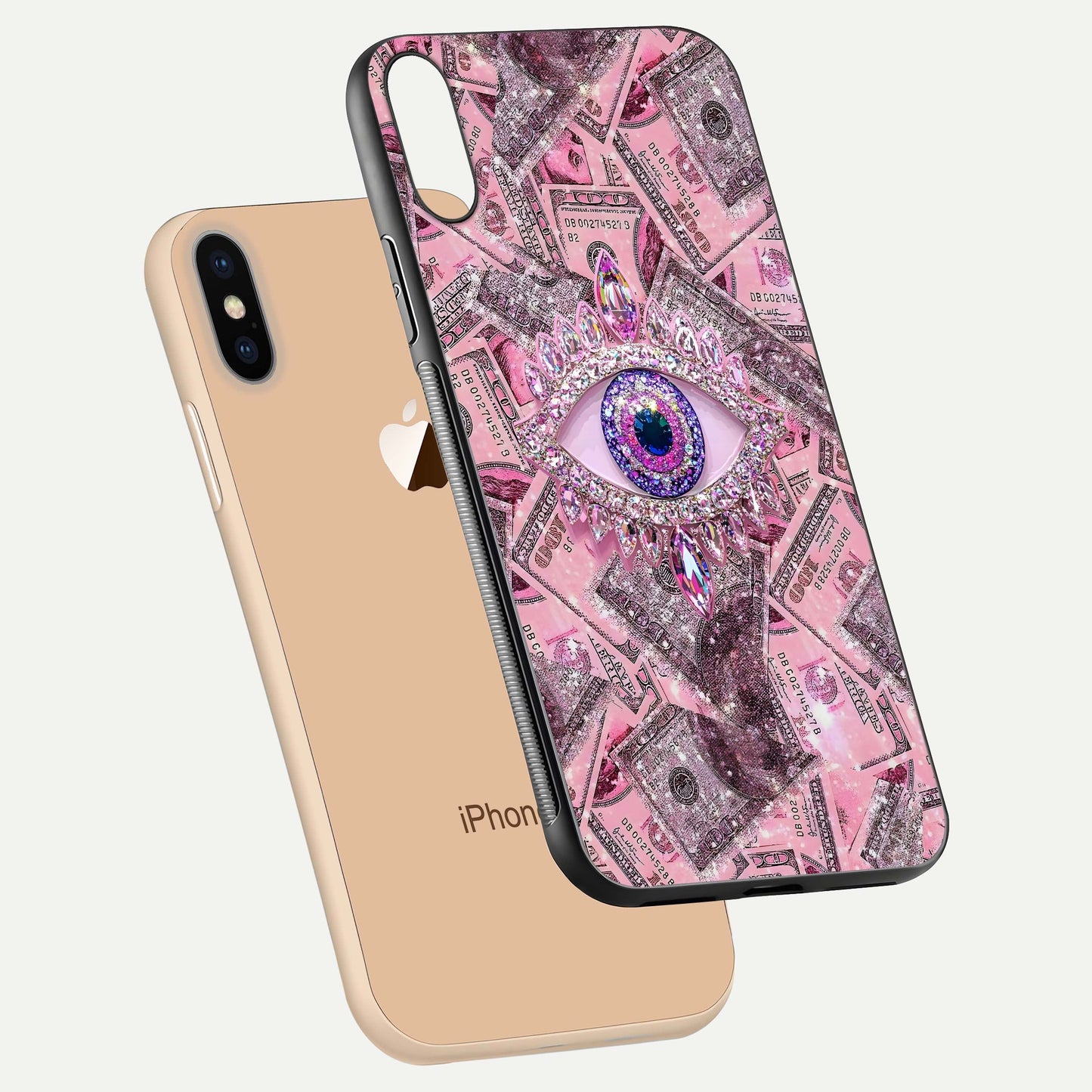 Money Eye Luxe Glass Case for iPhone Xs floating dual-view mockup showing gloss surface and premium look
